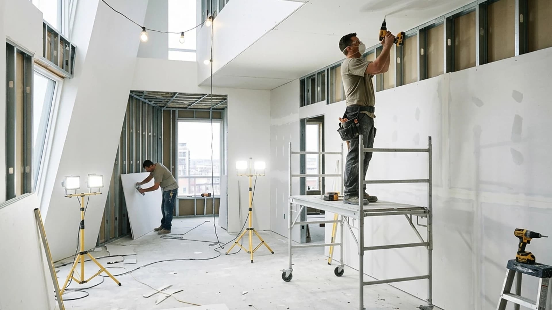 Heller Innenraum mit professionell vorbereiteten Trockenbauarbeiten